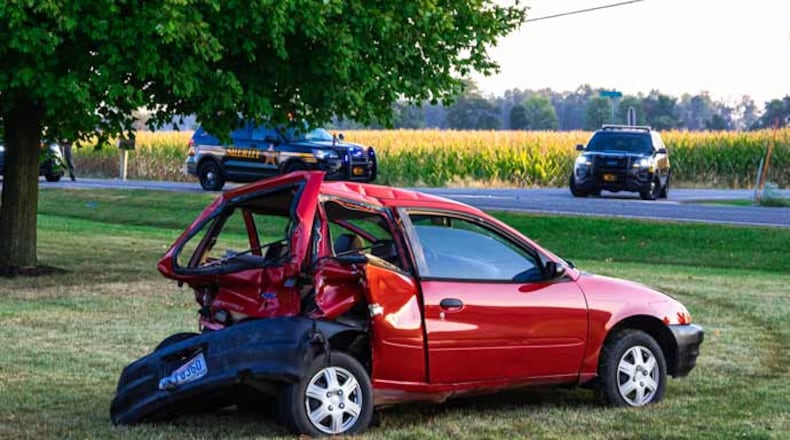 Authorities said the driver of red car was taken by Careflight to Miami Valley Hospital after a two-vehicle collision Monday morning. Photo: Jim Comer (Early Bird Newspaper)