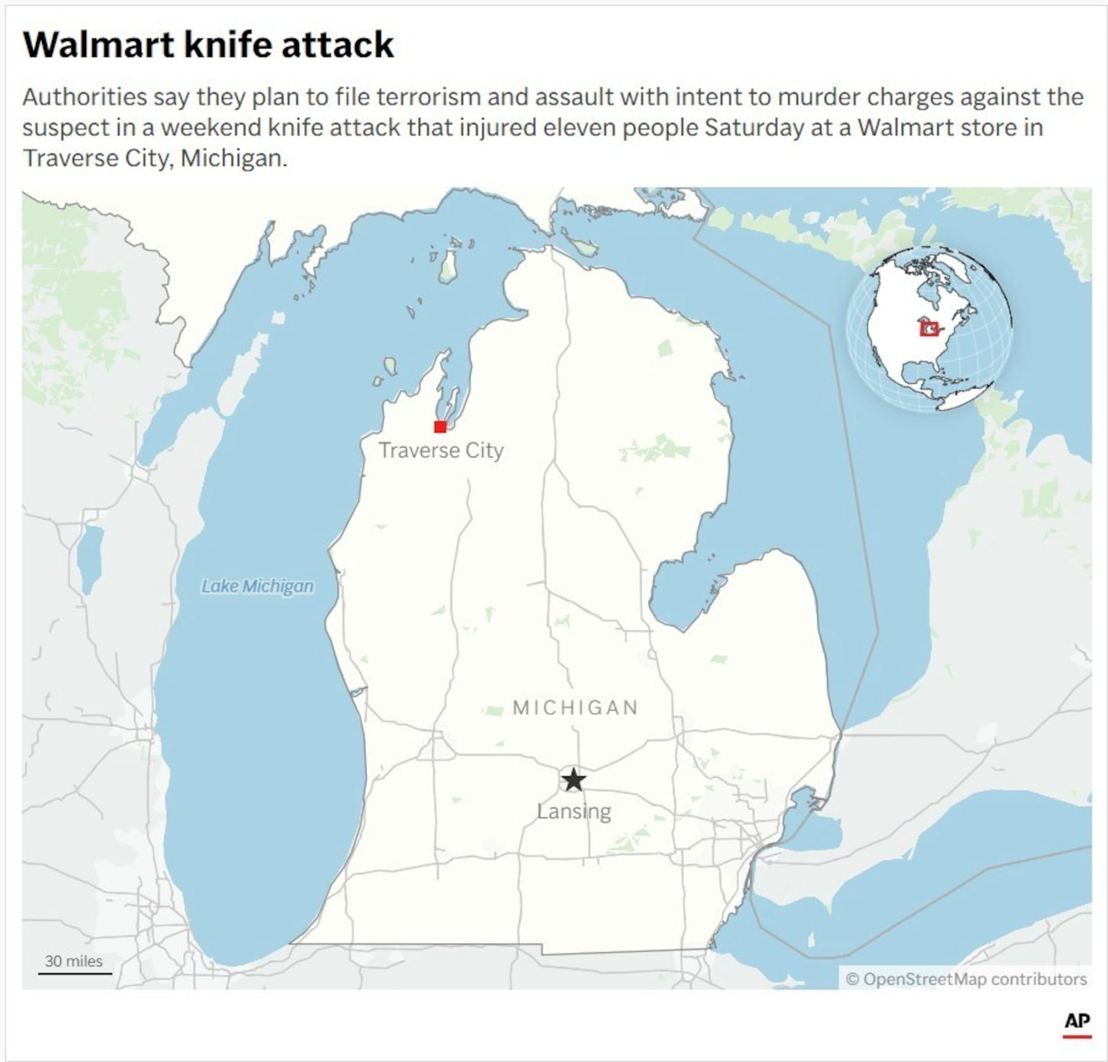 Map of Michigan locating Traverse City and Lansing. (AP Digital Embed)