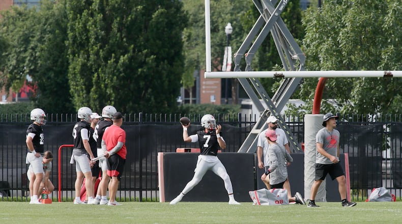 C.J. Stroud throws a pass at the first Ohio State practice of the season on Thursday, Aug. 4, 2022, at the Woody Hayes Athletic Center in Columbus. David Jablonski/Staff