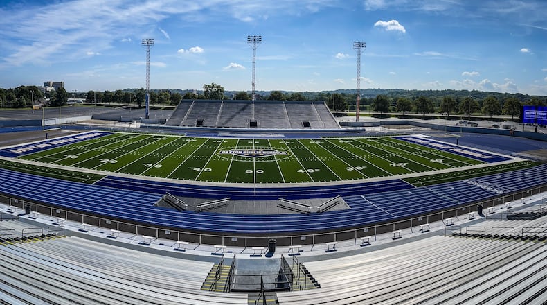 Dayton Public Schools held a walk through for the media at the nearly completed Welcome Stadium prior to the first game Thursday night between Thurgood Marshall and Dohn Prep. The renovations cost $29 million. JIM NOELKER/STAFF