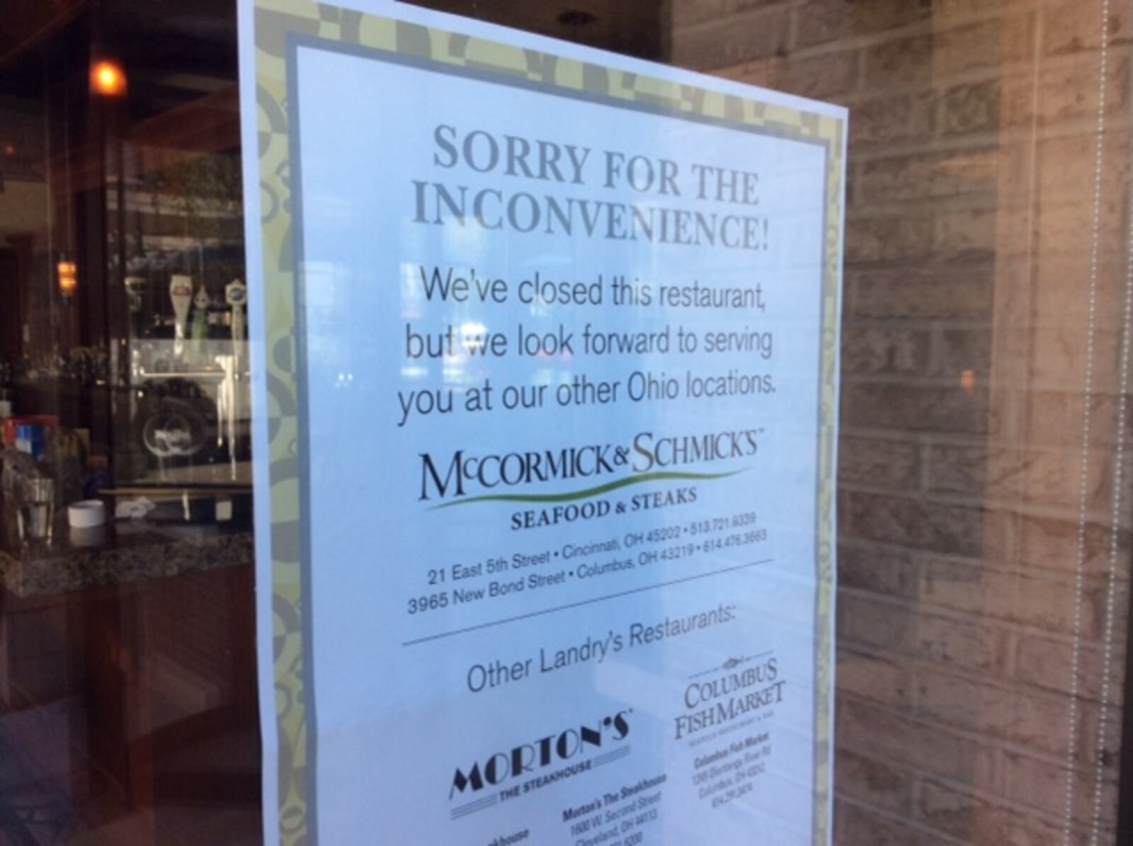 McCormick & Schmick’s shut down abruptly today, Sept. 24, at The Greene Town Center in Beavercreek. MARK FISHER/STAFF