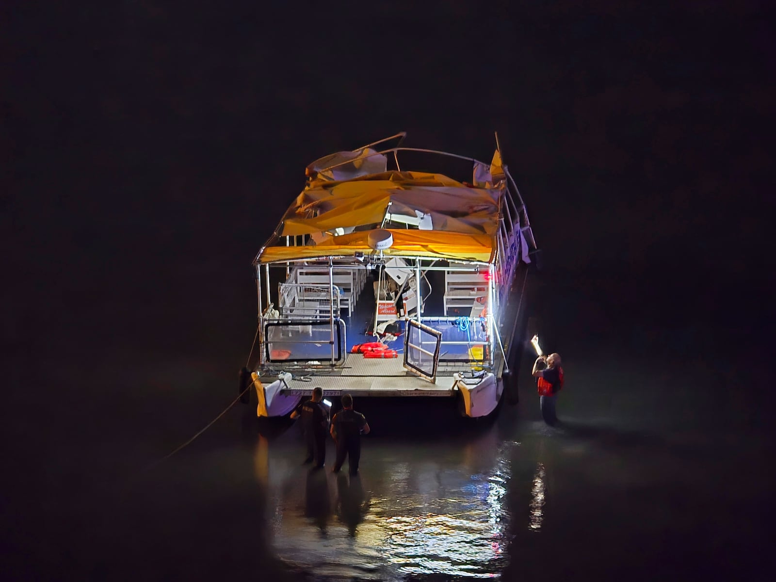 This image provided by Mike Boylan shows authorities at the scene of a boat crash that involved a public ferry carrying 45 passengers near Clearwater Beach. Fla., Sunday, April 27, 2025. (Mike Boylan via AP)