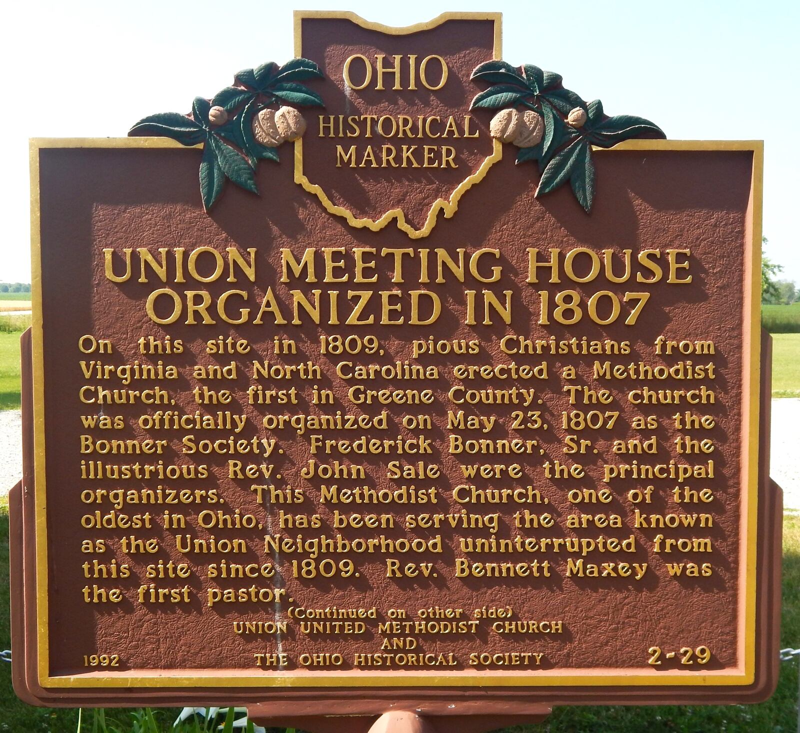 Historical marker for Union Meeting House Organized in 1807 / Union Seminary Organized in 1809, in Xenia, Greene County. Photos: Source: RemarkableOhio.org