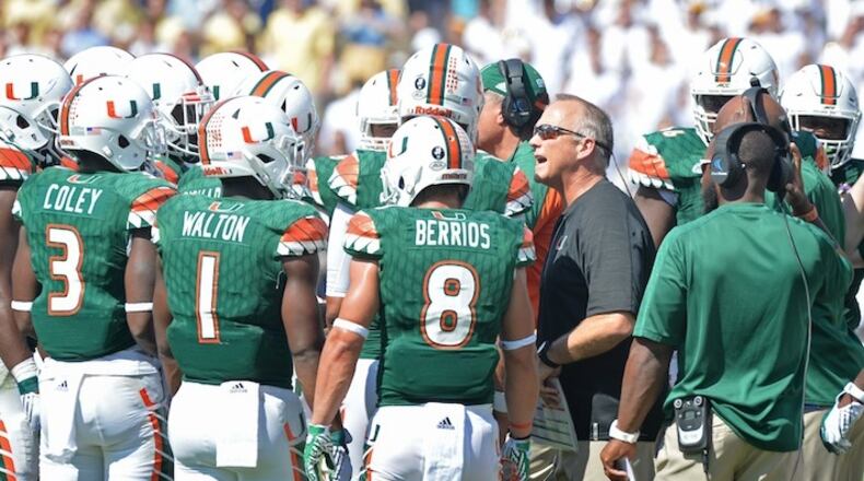 Miami Hurricanes coach Mark Richt instructs in the second half at Bobby Dodd Stadium on Saturday, October 1, 2016. Miami Hurricanes won 35-21 over the Georgia Tech Yellow Jackets. HYOSUB SHIN / HSHIN@AJC.COM
