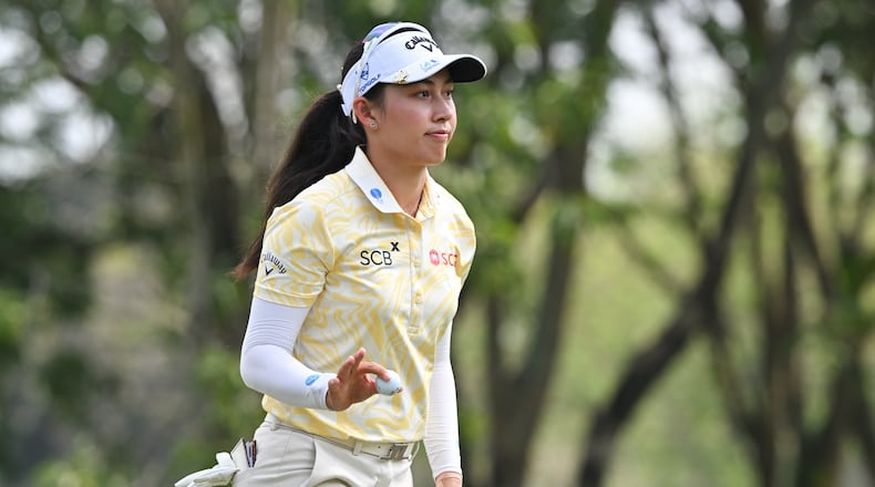 Jeeno Thitikul of Thailand reacts after putting on the 2nd hole during the final round of the LPGA Honda Thailand golf tournament in Pattaya, Thailand, Sunday, Feb. 22, 2026. (AP Photo/Kittinun Rodsupan)