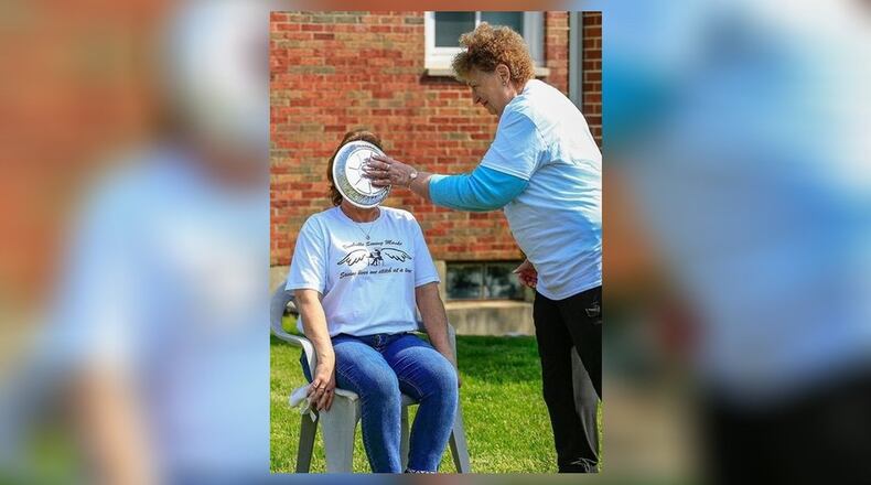 Angel, Sandy Welbaum, won the honor of smashing Valeria Thorn with a pie last week. CONTRIBUTED