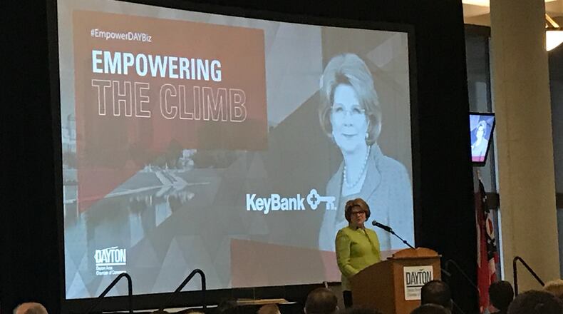 Keynote speaker Beth Mooney, KeyCorp CEO, addressed the Dayton Area Chamber of Commerce Tuesday morning. KAITLIN SCHROEDER/STAFF