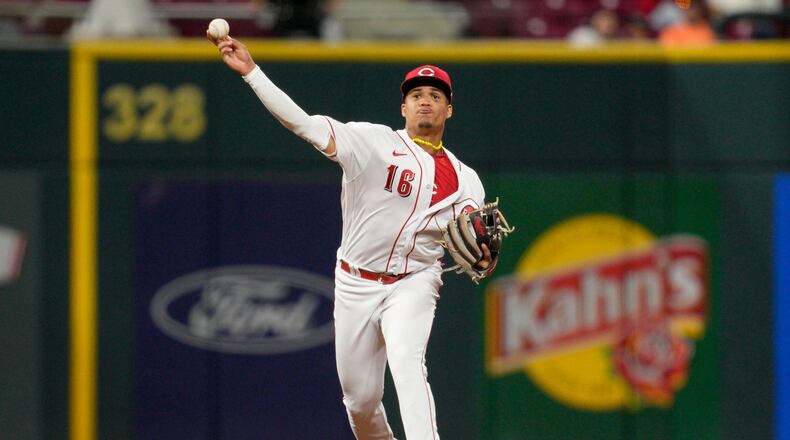 Cincinnati Reds third baseman Noelvi Marte throws out Minnesota Twins Max Kepler at first base in the sixth inning of a baseball game in Cincinnati, Monday, Sept. 18, 2023. (AP Photo/Jeff Dean)