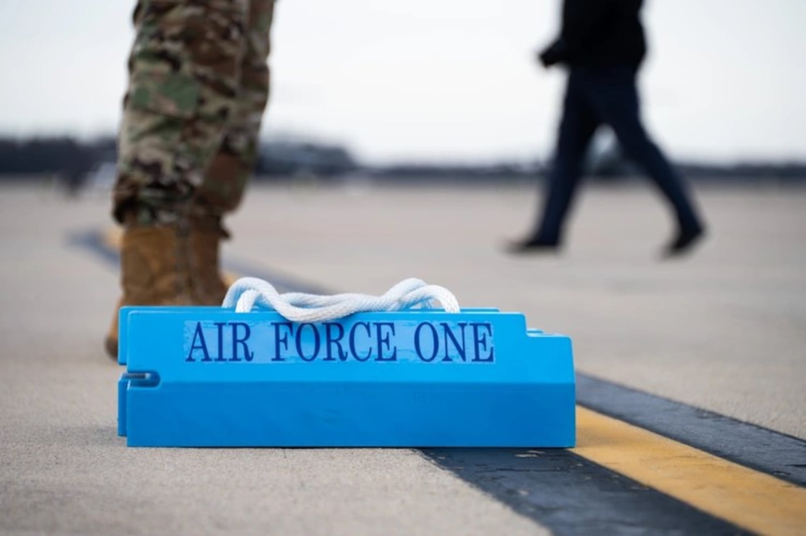Air Force One wheel chocks sit on the flight line during a rehearsal for the State Funeral of former President Jimmy Carter at Joint Base Andrews, Maryland, Jan. 5, 2025. (U.S. Air Force photo by Staff Sgt. Alex Broome)