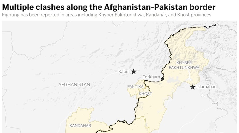 This map shows several provinces and cities along the Afghanistan-Pakistan border that have been impacted by recent clashes between the two countries. (AP Digital Embed)