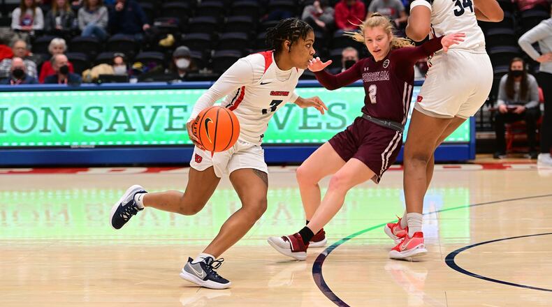 Dayton's Makira Cook drives toward the basket against Fordham at UD Arena on Sunday, Jan. 23, 2022. Erik Schelkun/UD Athletics