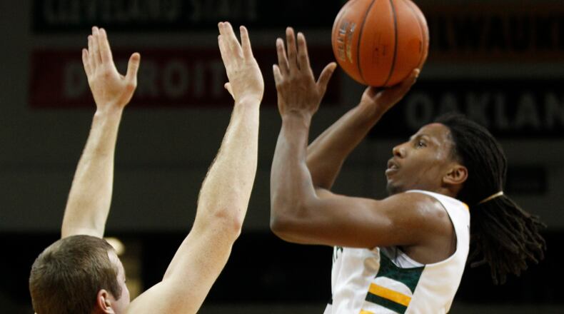Wright State forward Steven Davis shoots against Findlay on Wednesday, Nov. 5, 2014, at the Nutter Center in Fairborn. David Jablonski/Staff