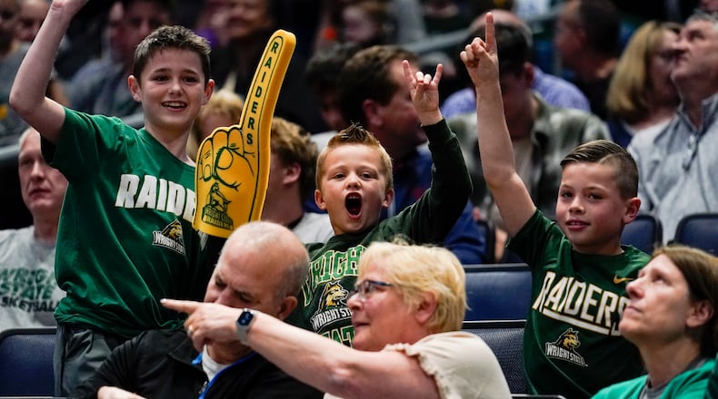 Wright State fans react during a stoppage in play during the second half of a First Four game in the NCAA men's college basketball tournament against Bryant, Wednesday, March 16, 2022, in Dayton, Ohio. (AP Photo/Jeff Dean)