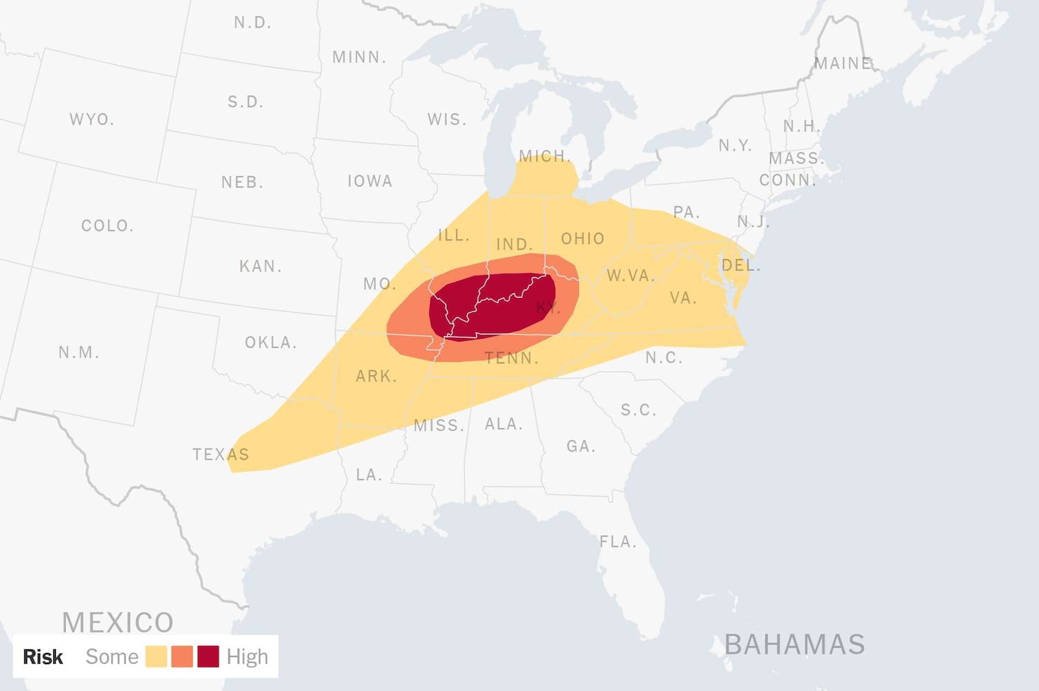 The forecast risk of tornadoes for Friday, May 16, 2025. (National Weather Service via The New York Times)