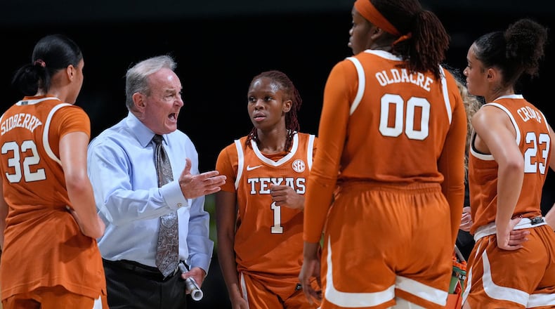 Texas head coach Vic Schaefer, second from left, yells at his players during the second half of an NCAA college basketball game against Vanderbilt, Thursday, Feb. 12, 2026, in Nashville, Tenn. (AP Photo/George Walker IV)