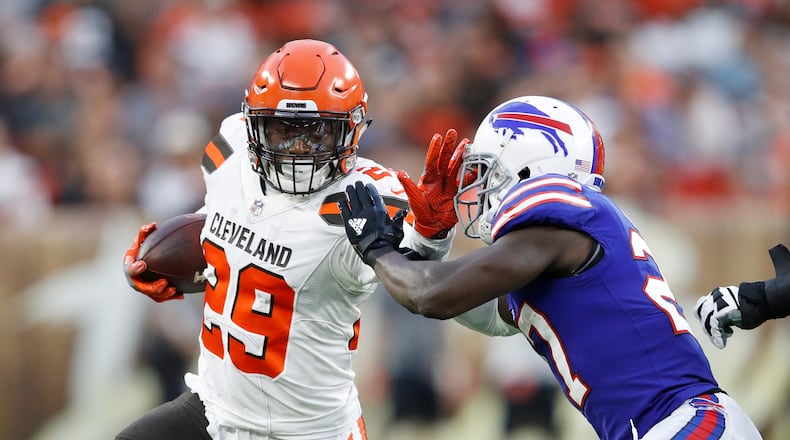 CLEVELAND, OH - AUGUST 17: Duke Johnson Jr. #29 of the Cleveland Browns runs the ball in the first quarter of a preseason game against the Buffalo Bills at FirstEnergy Stadium on August 17, 2018 in Cleveland, Ohio. (Photo by Joe Robbins/Getty Images)