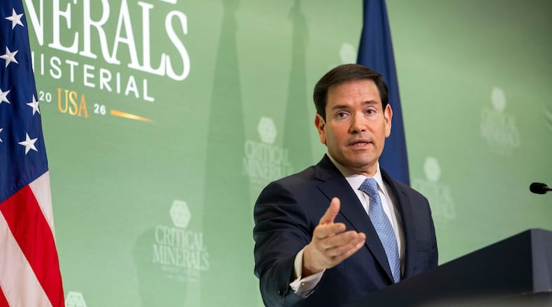 Secretary of State Marco Rubio speaks at a news conference during the Critical Minerals Ministerial meeting at the State Department, Wednesday, Feb. 4, 2026 in Washington. (AP Photo/Kevin Wolf)