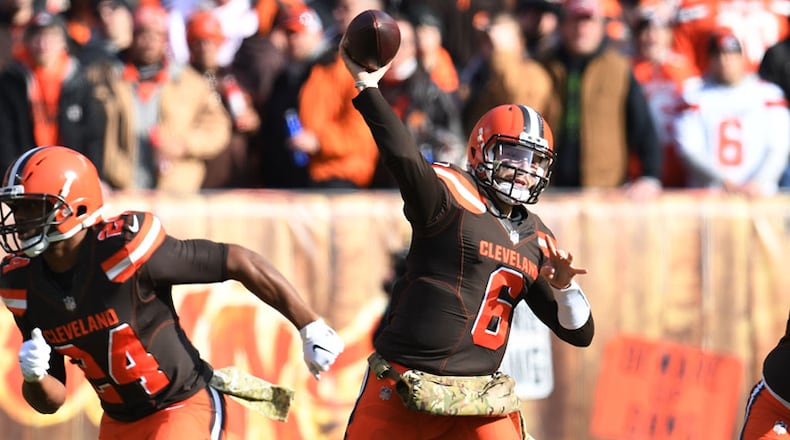 CLEVELAND, OH - NOVEMBER 11: Baker Mayfield #6 of the Cleveland Browns throws a pass in the first quarter against the Atlanta Falcons at FirstEnergy Stadium on November 11, 2018 in Cleveland, Ohio. (Photo by Jason Miller/Getty Images)