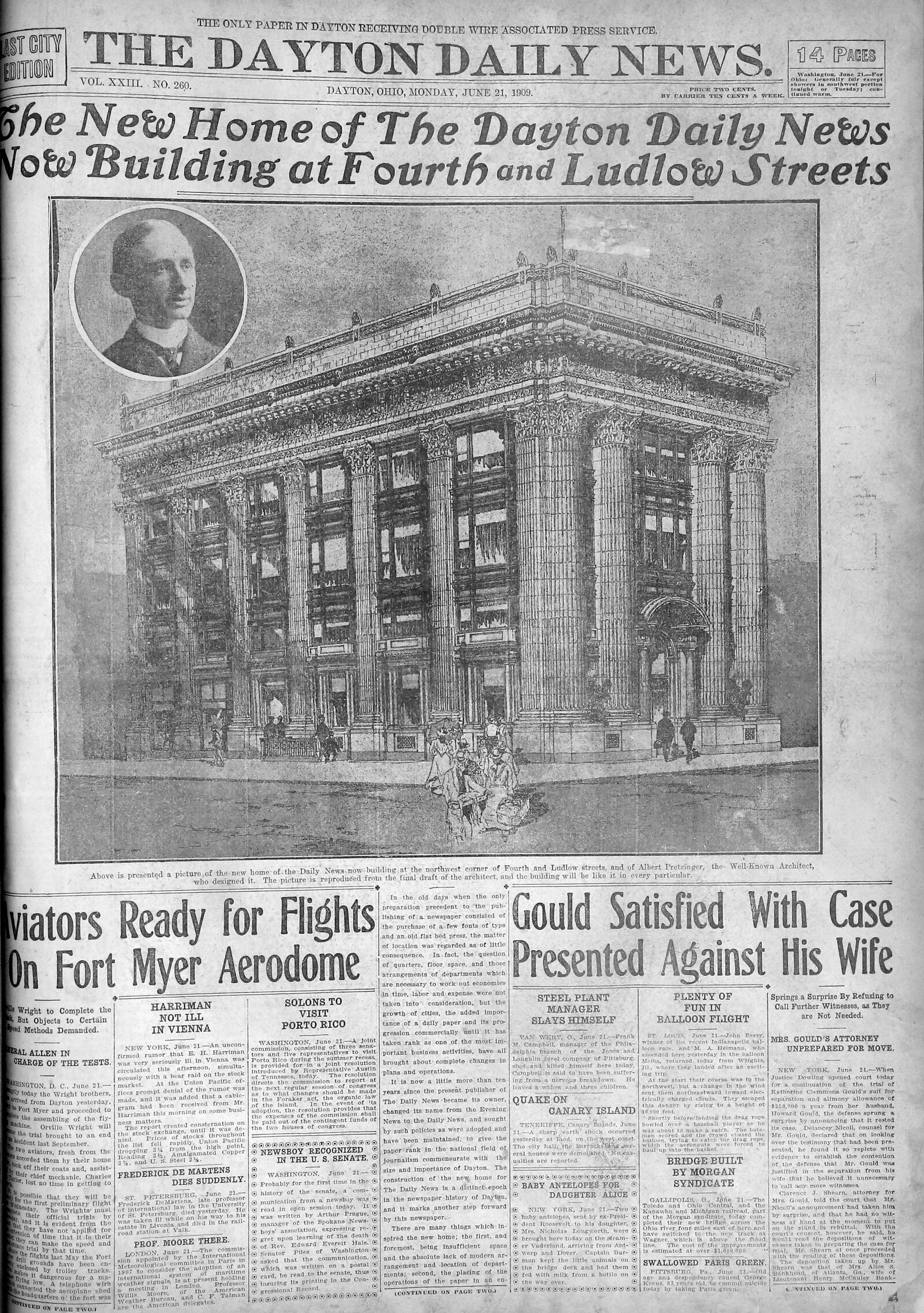 June 21, 1909:  The front page of the Dayton Daily News celebrates the new DDN building at Fourth and Ludlow downtown.