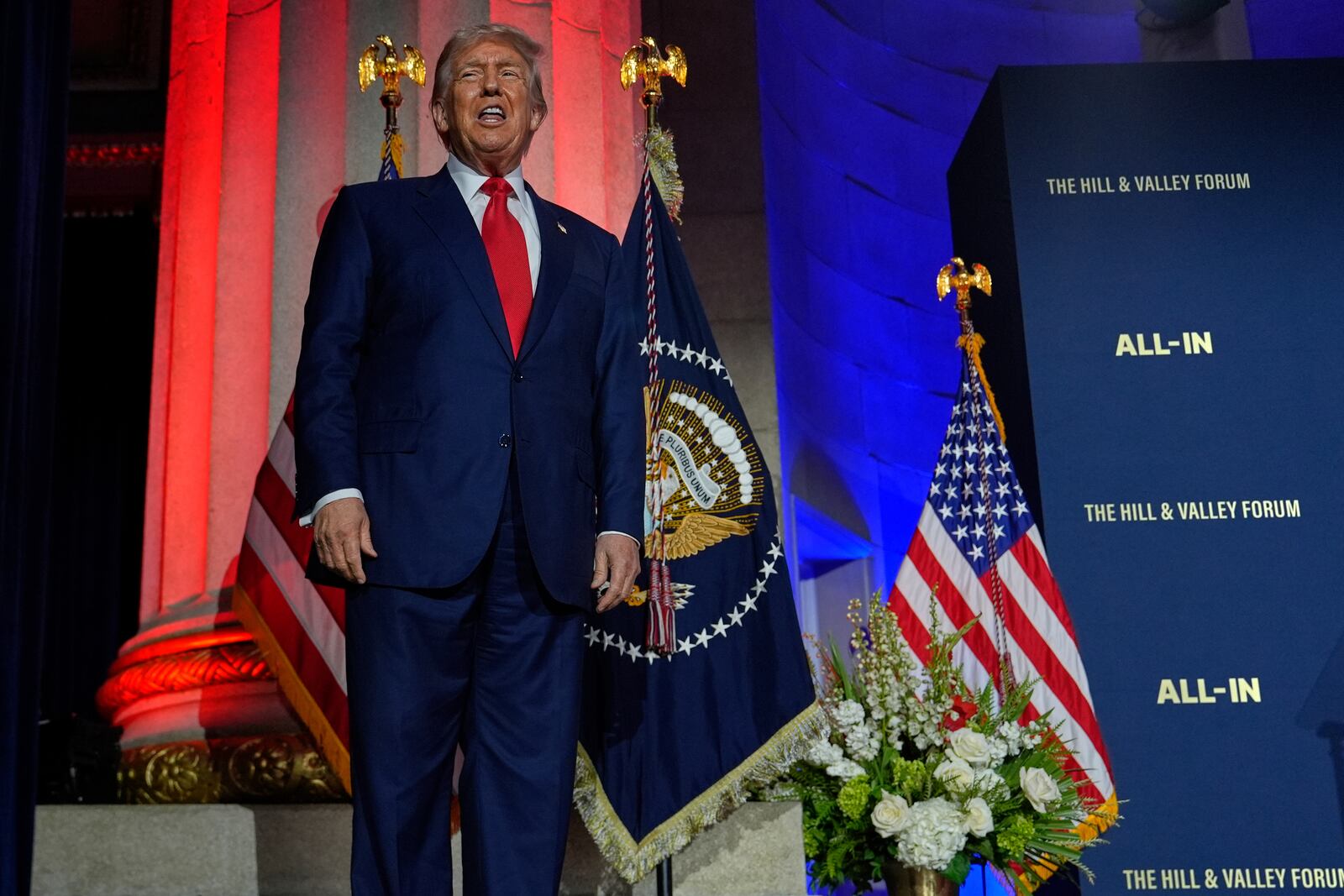President Donald Trump arrives at an AI summit at the Andrew W. Mellon Auditorium, Wednesday, July 23, 2025, in Washington. (AP Photo/Julia Demaree Nikhinson)