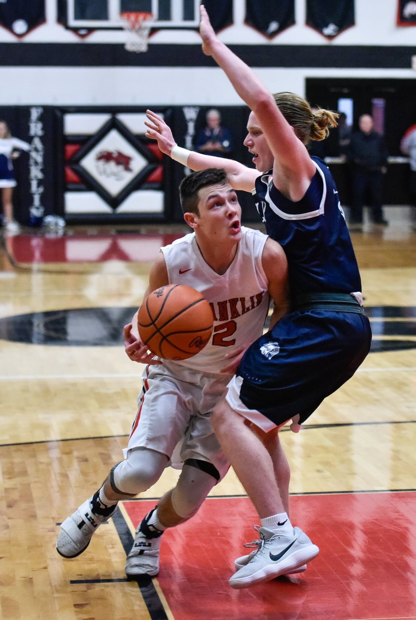 Franklin’s Payton Knott dribbles around Valley View’s Clayton Erbaugh during Friday night’s game at Darrell Hedric Gym in Franklin. NICK GRAHAM/STAFF