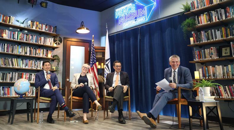 A panel discussed Strengthening Transatlantic Security through Democratic Resilience at the International Peace Museum May 24. Participants included: (left to right): Tino Cuéllar, President of the Carnegie Endowment for International Peace;  Kathleen McInnis, Director of the Smart Women, Smart Power Initiative and Senior Fellow at CSIS; Marcos Perestrello, President of the NATO Parliamentary Assembly; and Joe Brinker, NATO Parliamentary Assembly Policy Fellow for Democratic Resilience. BRYANT BILLING/STAFF