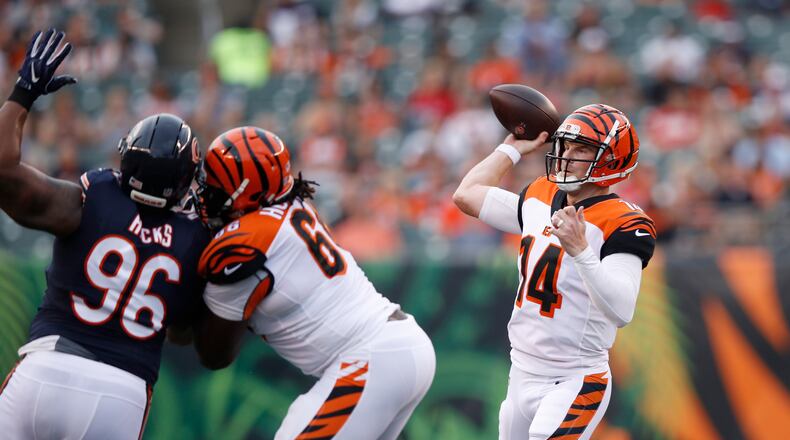 CINCINNATI, OH - AUGUST 09: Andy Dalton #14 of the Cincinnati Bengals throws for a 24-yard touchdown to Joe Mixon in the first quarter of a preseason game against the Chicago Bears at Paul Brown Stadium on August 9, 2018 in Cincinnati, Ohio. (Photo by Joe Robbins/Getty Images)