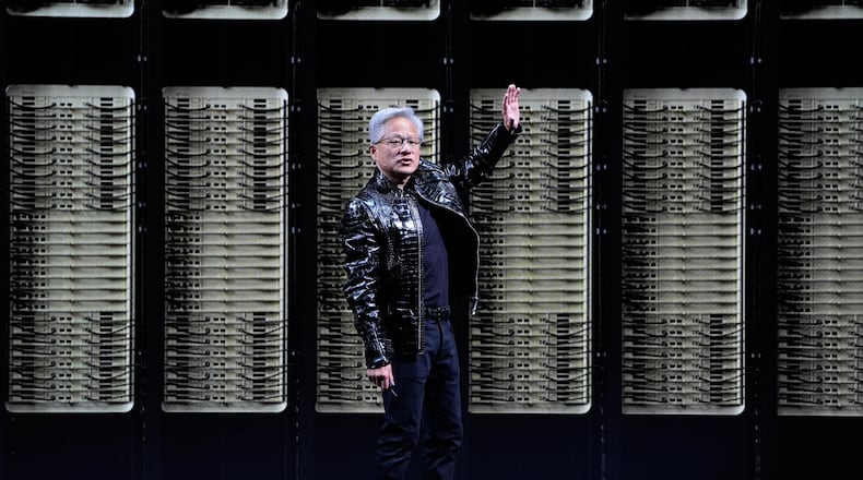 Nvidia founder and CEO Jensen Huang speaks about the NVIDIA Rubin AI super computing platform during a Nvidia news conference ahead of the CES tech show Monday, Jan. 5, 2026, in Las Vegas. (AP Photo/John Locher)