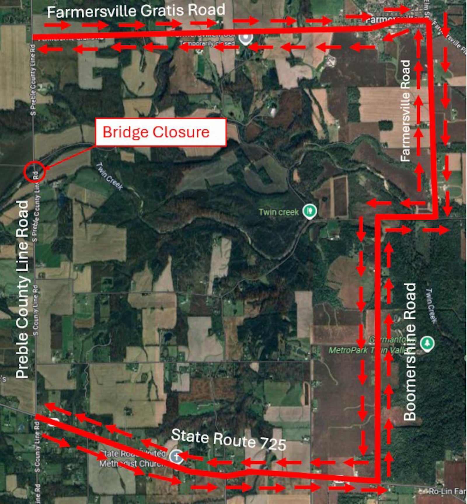 The Montgomery County Engineer's Office announced on Aug. 22, 2025, Preble County Line Road is indefinitely closed between Farmersville Gratis Road and Ohio 725 due to bridge deck safety concerns. A detour will take motorists from Ohio 725 to Boomershine Road to Famersville Road to Farmersville Gratis Road to Preble County Line Road. Map courtesy the Montgomery County Engineer's Office.