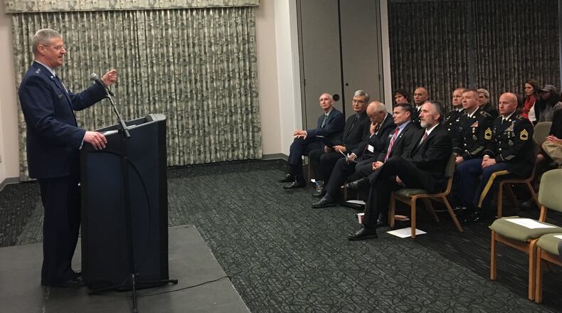 Maj. Gen. Mark Bartman of the Ohio National Guard speaks during a Monday press conference during which Wright State announced a new scholarship fund. The $100,000 fund will help members of the Ohio National Guard attend graduate school at Wright State. MAX FILBY / STAFF