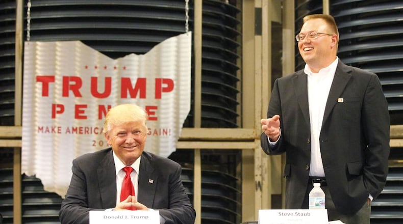 Presidential candidate Donald Trump visited Dayton in September where he attended a roundtable discussion hosted by Steve Staub, president of Staub Manufacturing Solutions. TY GREENLEES / STAFF
