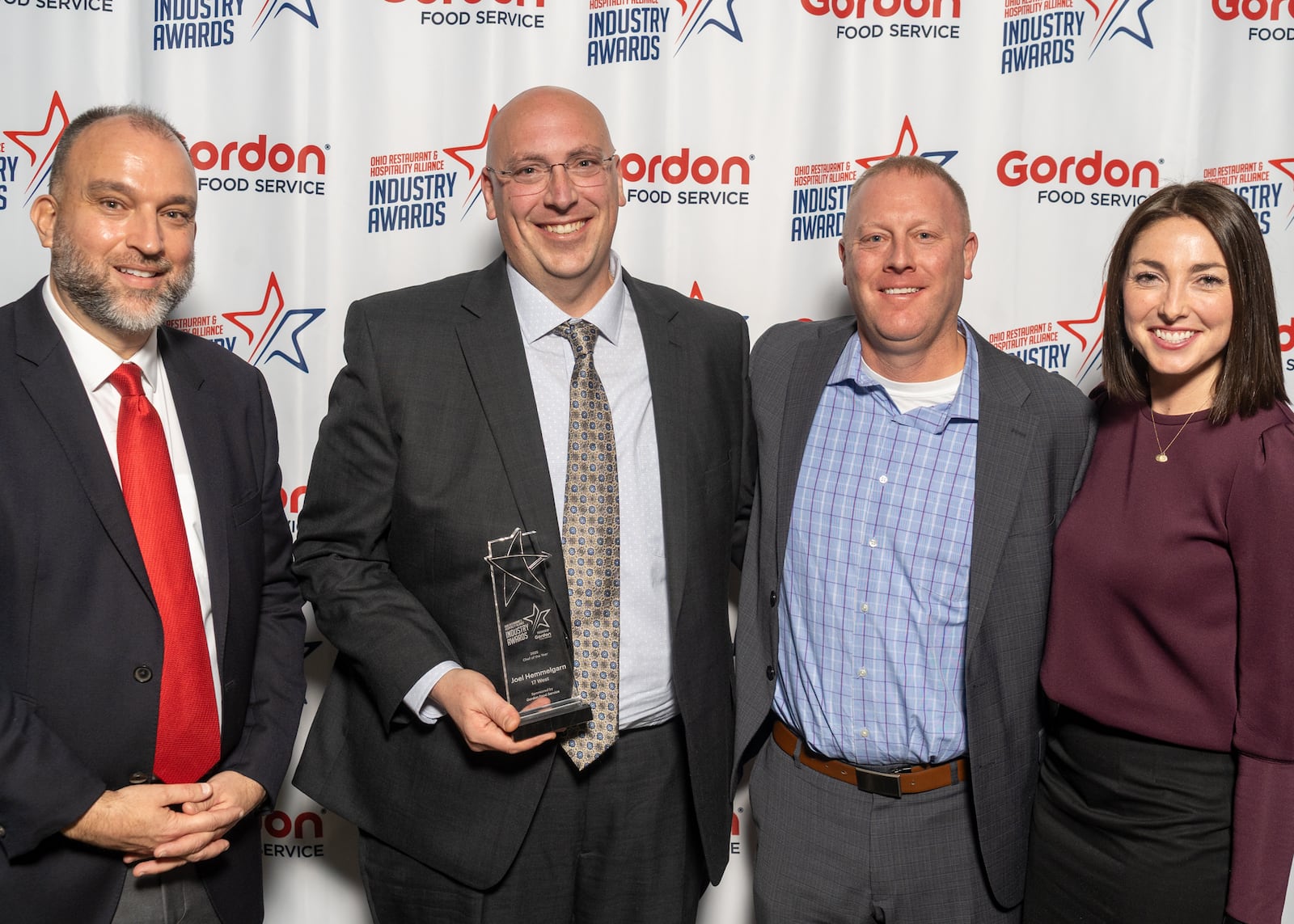 Left to right: Adrian Adornetto, owner of The Adornetto Group and chair of the Ohio Restaurant & Hospitality Alliance Board of Directors; Joel Hemmelgarn, executive chef at 17 West in New Bremen; Matt Wannemacher, Gordon Food Service; and Kathleen White, U.S. director of merchandising for Gordon Food Service and Ohio Restaurant & Hospitality Alliance Board Member. PHOTO COURTESY OF THOMAS DUBANOWICH
