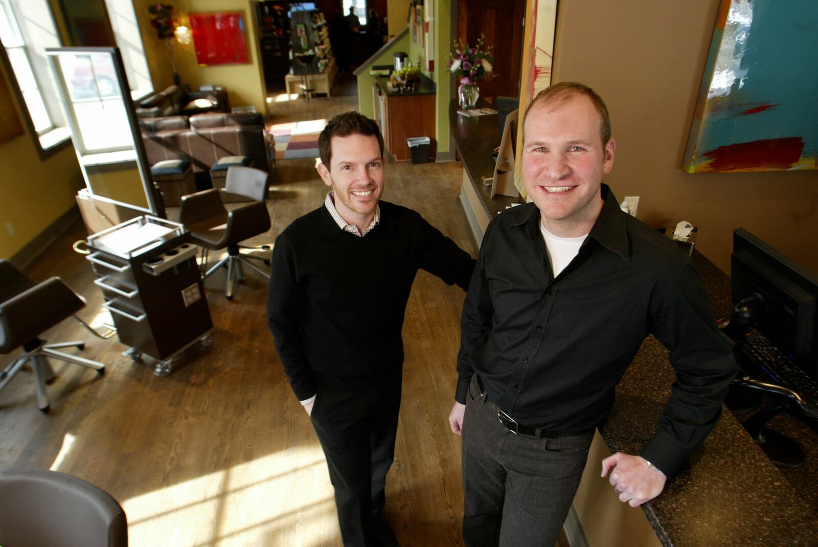 Archived 2007 photo: Brent Johnson (left) and Doug Henderson (right), along with partner Josh Stucky have opened a second Square One Salon and Spa in Centerville.  Staff photo by Lisa Powell