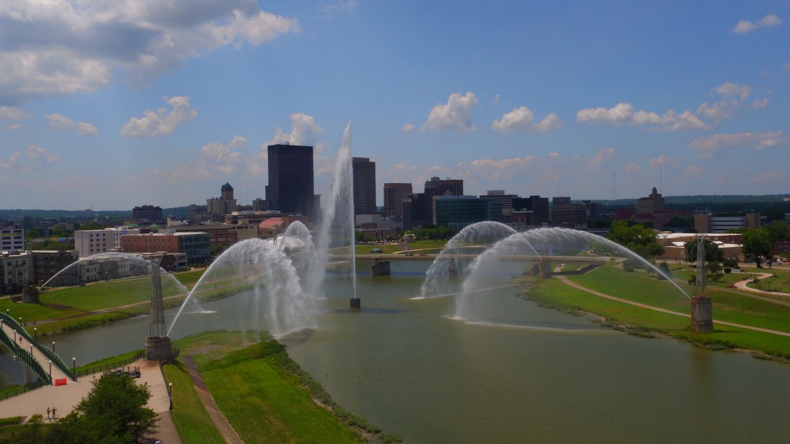 The fountains at RiverScape MetroPark are seen in full operation in this scene from Monday, July 9, 2018. During the summer months, the fountains run for eight minutes each hour. JAROD THRUSH / STAFF