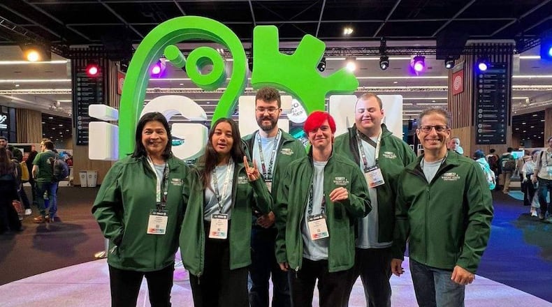A team of Wright State students won a gold medal at the iGEM Grand Jamboree, an annual international synthetic biology competition for young STEM researchers, in Paris. Wright State was represented by (from left) Madhavi Kadakia, Hiya Shukla, Ethan Heinlein, Alex Stone, Zach Kronenberger and Michael Craig. CONTRIBUTED
