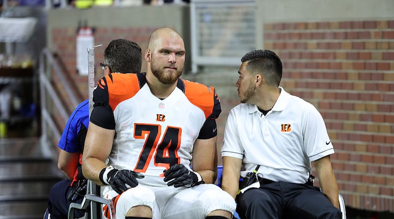 DETROIT, MI - AUGUST 18: Jake Fisher #74 of the Cincinnati Bengals leaves the field during the second quarter of the preseason game against the Detroit Lions at Ford Field on August 18, 2016 in Detroit, Michigan. (Photo by Leon Halip/Getty Images)