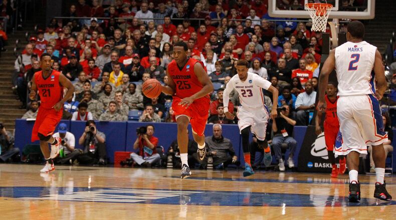 Dayton forward Kendall Pollard dribbles the ball up the floor in the second half against Boise State in the First Four on Wednesday, March 17, 2015, at UD Arena. David Jablonski/Staff