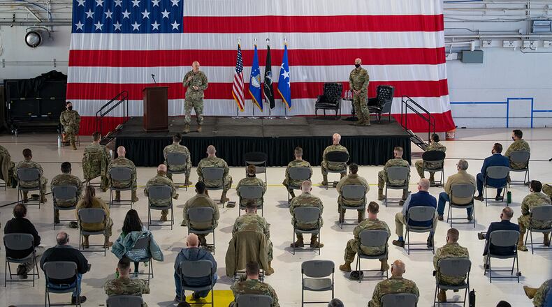 Gen. Arnold W. Bunch Jr., Air Force Materiel Command commander, and Chief Master Sgt. David A. Flosi, AFMC command chief, discuss how Airmen assigned to Space Force installations will receive functional support from the AFMC during a town hall at Peterson Space Force Base, Colorado, Oct. 27. AFMC is the servicing major command to U.S. Space Force and provides functional support to Airmen assigned to Space Force installations. U.S. SPACE FORCE PHOTO/AIRMAN 1ST CLASS RYAN PRINCE