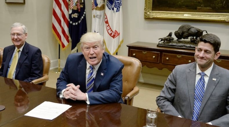 President Donald Trump speaks as Senate Majority Leader Mitch McConnell, left, and House Speaker Paul Ryan listen during a meeting with House and Senate leadership on June 6, 2017, in the Roosevelt Room of the White House in Washington, D.C. (Olivier Douliery/Abaca Press/TNS)