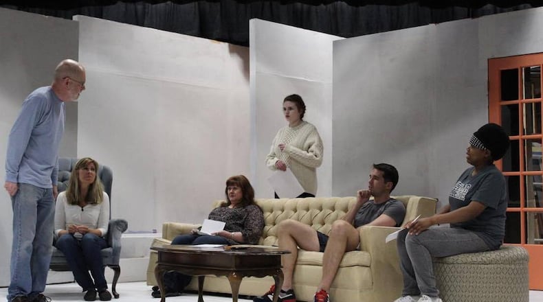 (left to right) Chuck Larkowski, Cassandra Engber, Debra Kent, Cassidy Manley, Ryan Petrie, and Erin McGee appear in Beavercreek Community Theatre’s production of Christopher Durang’s comedy “Vanya and Sonia and Masha and Spike” slated April 28-May 7. CONTRIBUTED