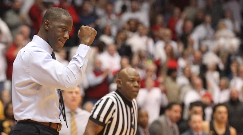 Dayton’s Anthony Grant reacts after a score against Virginia Commonwealth on Saturday, Feb. 16, 2019, at UD Arena. David Jablonski/Staff