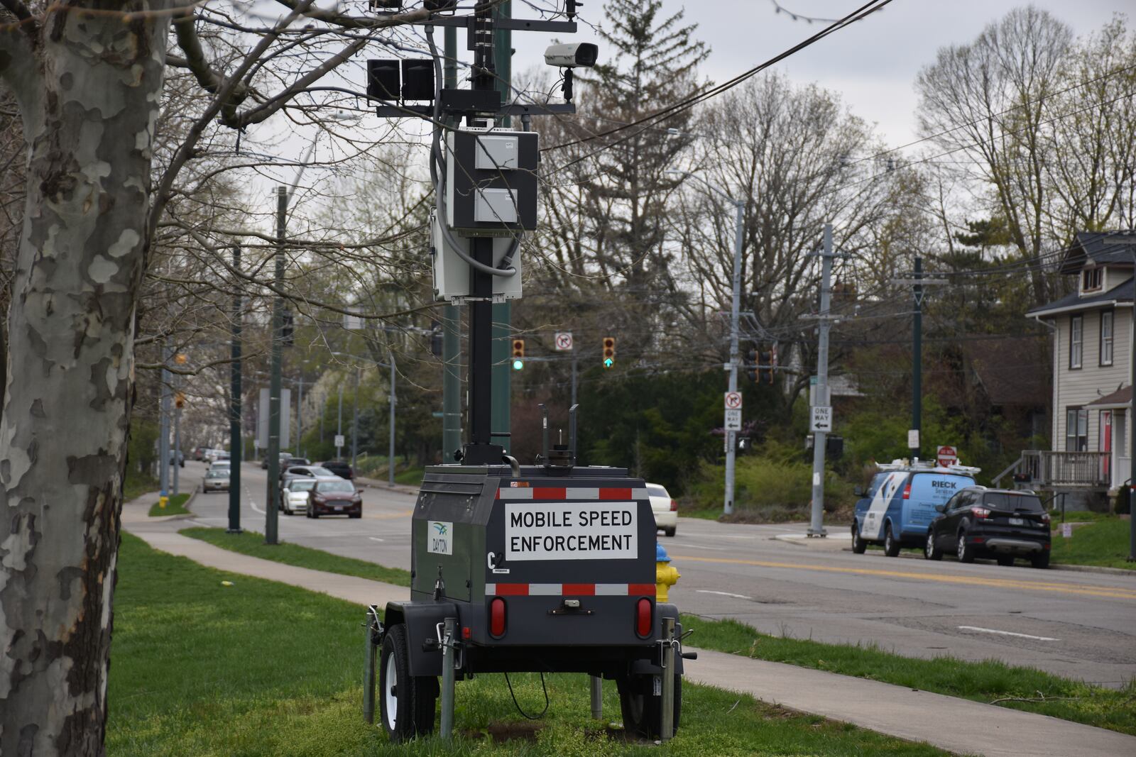 A mobile speed enforcement trailer near Belmont High School in Dayton. CORNELIUS FROLIK / STAFF