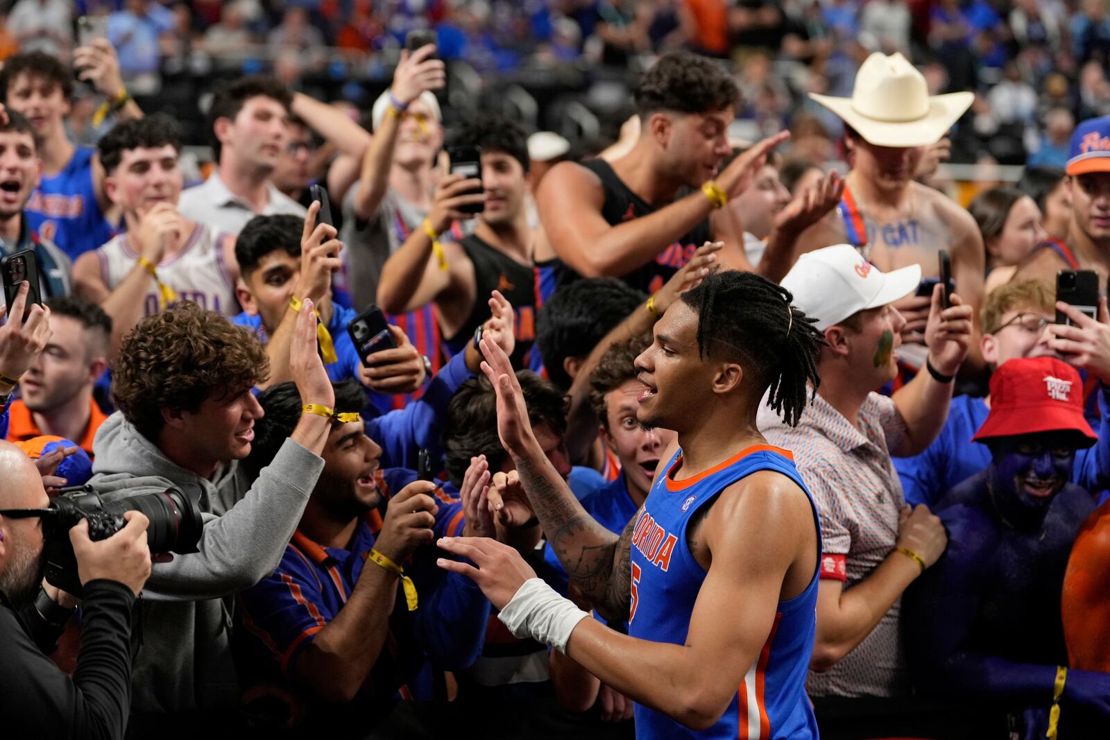 Florida guard Will Richard celebrates after their win against Auburn in the national semifinals at the Final Four of the NCAA college basketball tournament, Saturday, April 5, 2025, in San Antonio. (AP Photo/Brynn Anderson)