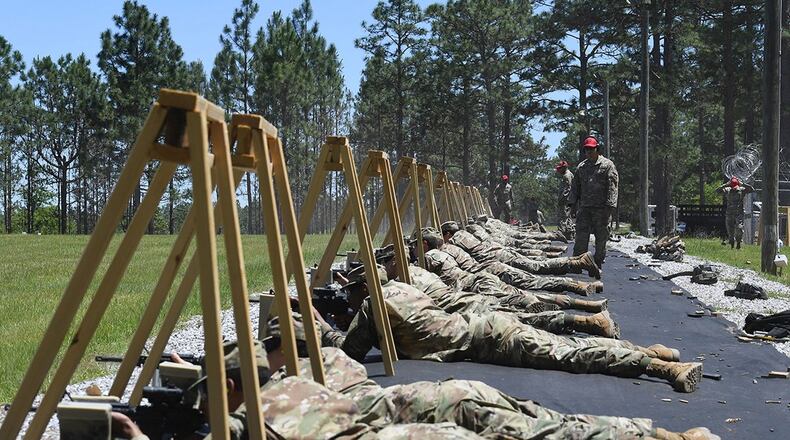 Basic military trainees under the 37th Training Wing, 737th Training Group Detachment 5 from Keesler Air Force Base, Miss., participate in weapons-firing training at Camp Shelby Joint Forces Training Center, Miss. May 6. Air Force officials announced that, beginning June 2, the service will continue to hold basic military training at Keesler AFB until the end of COVID-19 surge operations. (U.S. Air Force photo/Kemberly Groue)