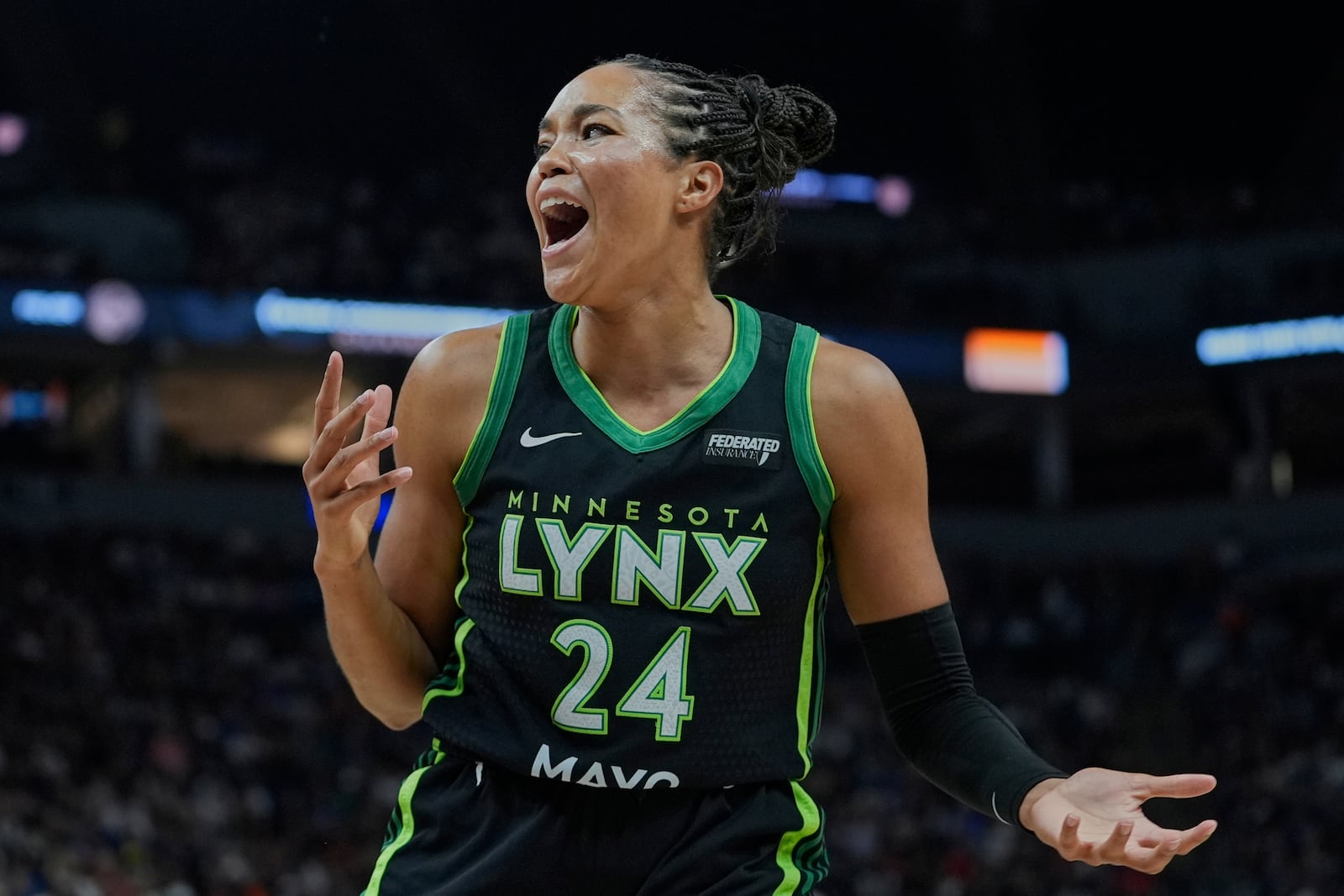 Minnesota Lynx forward Napheesa Collier (24) reacts after not receiving a foul call during the first half of the WNBA Commissioner's Cup championship basketball game against the Indiana Fever, Tuesday, July 1, 2025, in Minneapolis. (AP Photo/Abbie Parr)