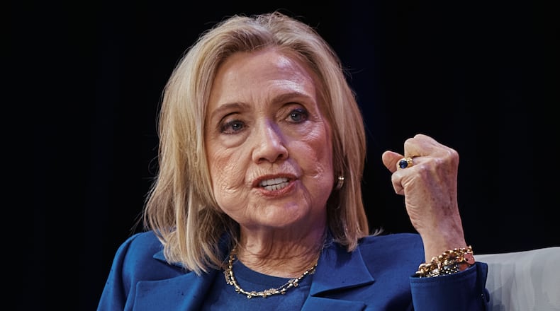 FILE - Former U.S. Secretary of State Hillary Clinton speaks during the Clinton Global Initiative, Sept. 24, 2025, in New York. (AP Photo/Andres Kudacki, File)