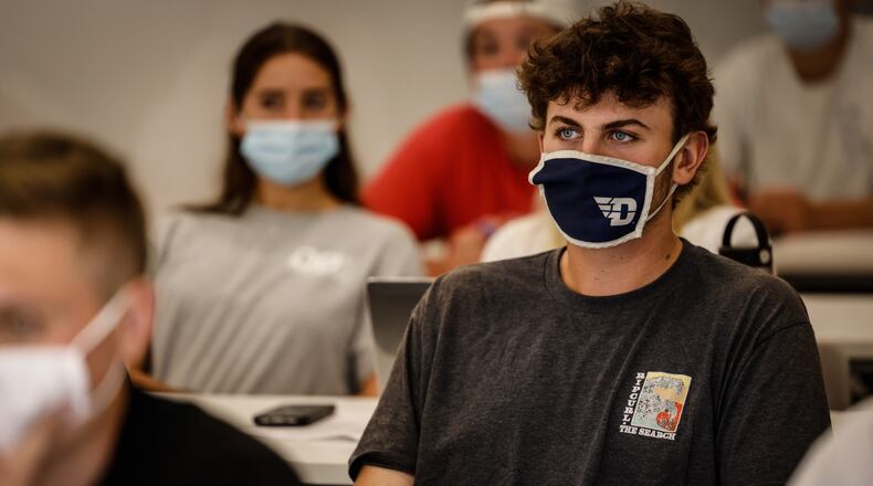 The University of Dayton held classes for the first time Tuesday August 24, 2021. The Hub, a partnership of the University and the entrepreneurs' center is the anchor tenant of the arcade redevelopment.  JIM NOELKER/STAFF