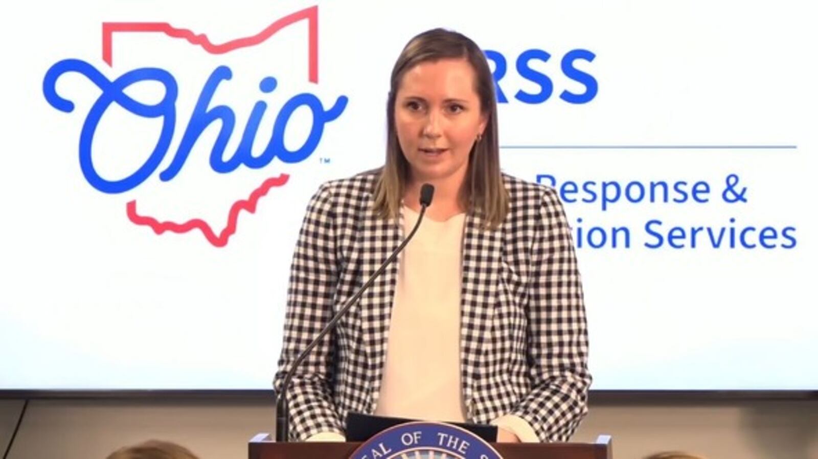 LeeAnne Cornyn, director of the Ohio Department of Mental Health and Addiction Services (OhioMHAS), talks about the state's ongoing expansion of mobile response and stabilization services for Ohio's youth on Monday, April 21, 2025, during a press conference held in Dublin. COURTESY OF THE GOVERNOR'S OFFICE
