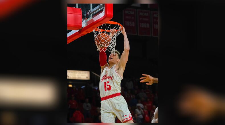 Miami’s Milos Jovic throws down a dunk on Saturday vs. Alabama A&M at Millett Hall. Miami University photo