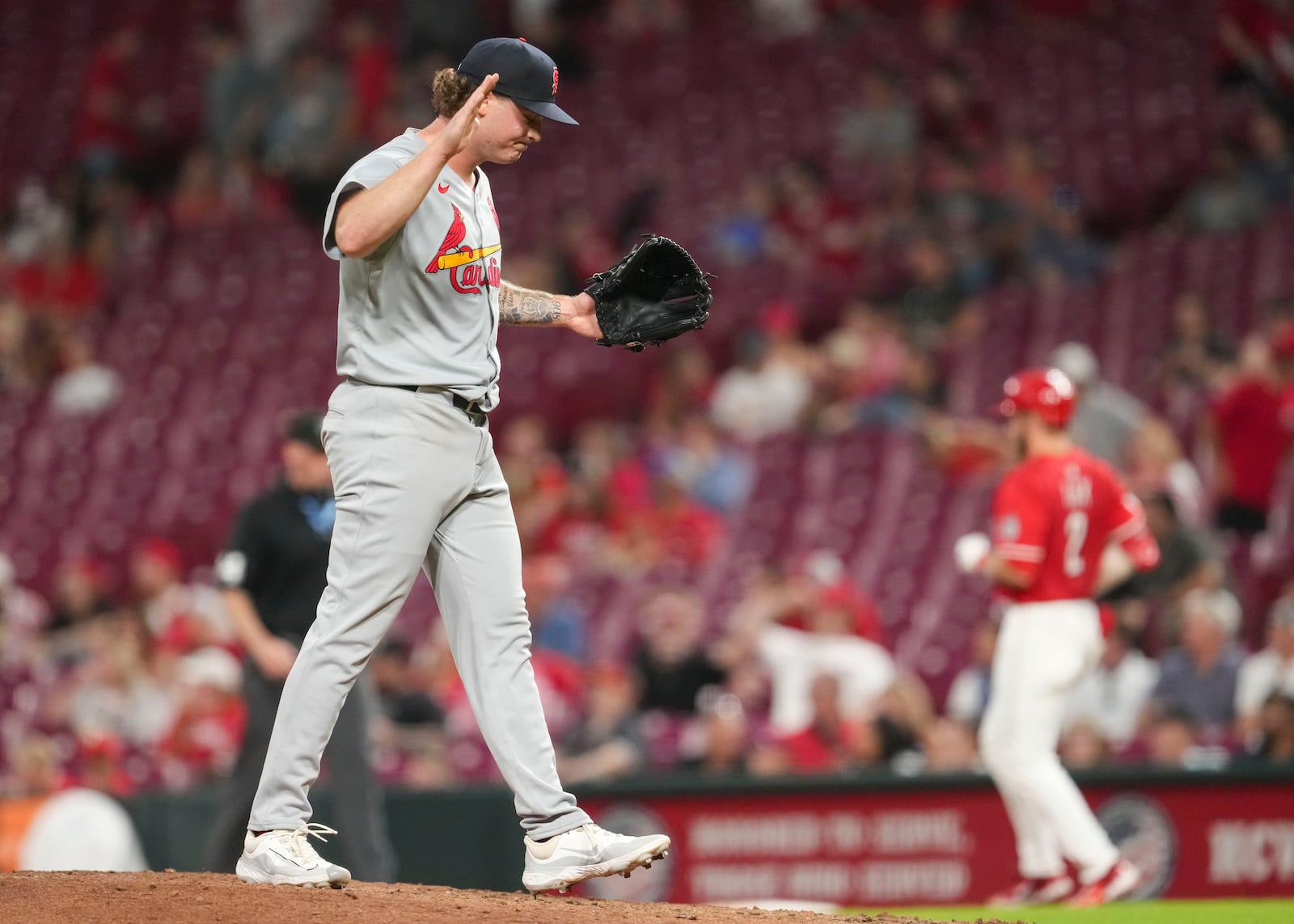 St. Louis Cardinals' Gordon Graceffo reacts following the second baseball game of a doubleheader against the Cincinnati Reds, Wednesday, April 30, 2025, in Cincinnati. (AP Photo/Jeff Dean)